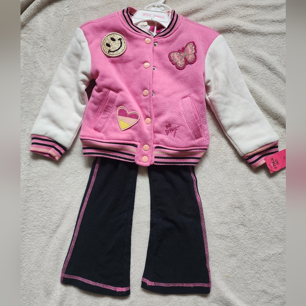Pink and White Varsity Jacket with Black Pants